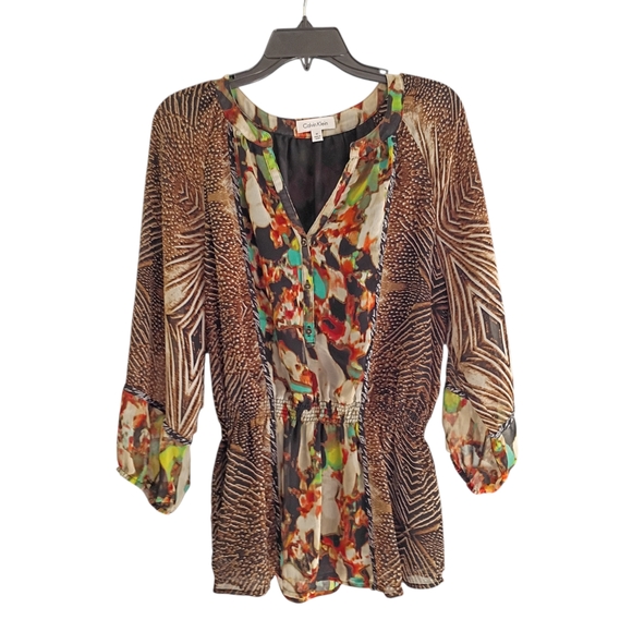 CAbi Tops - Calvin Klein Blouse Women M‎ Multicolor Abstract Chiffon Tunic Button 3/4 Sleeve